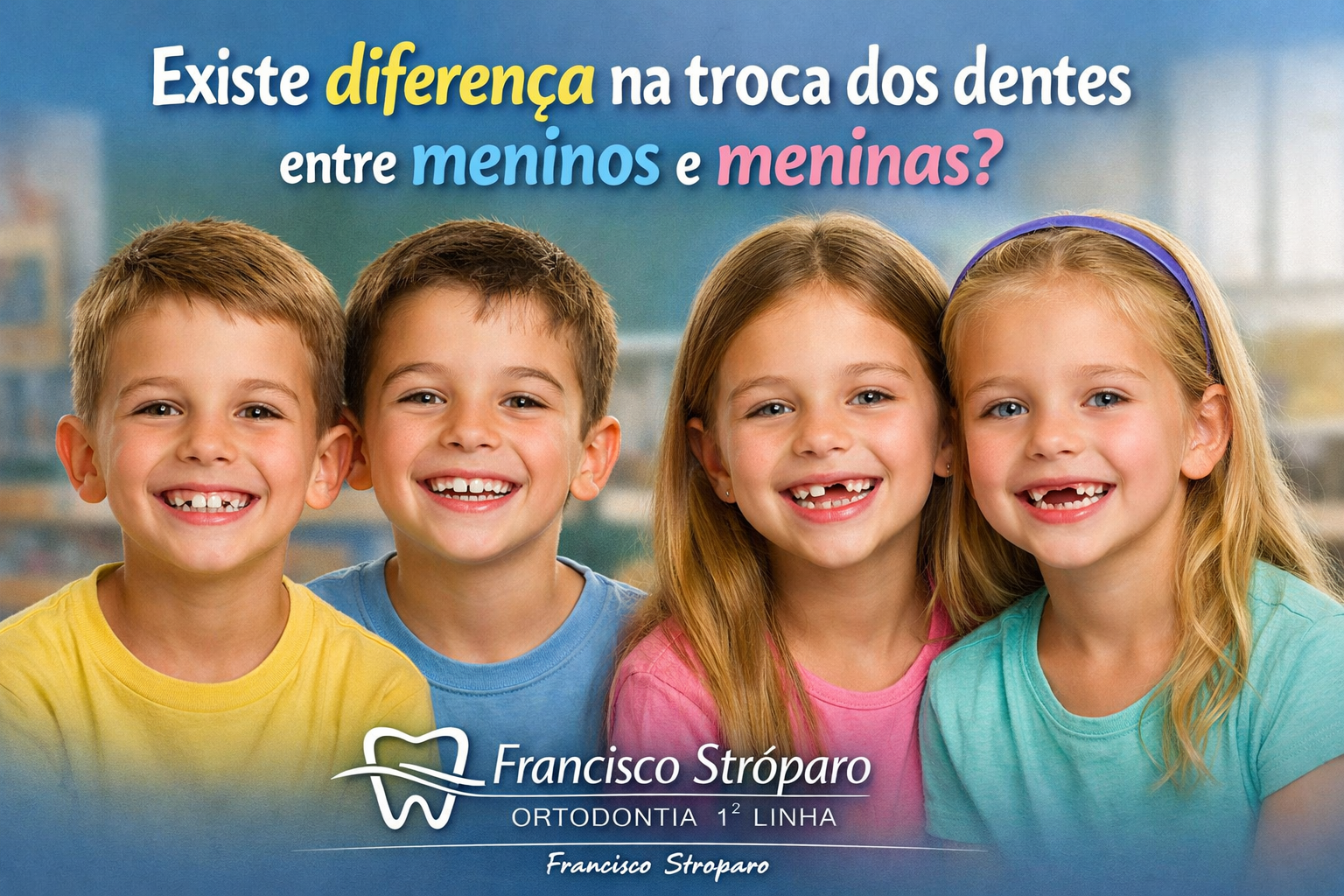 Troca dos dentes em crianças: meninos com dentes de leite e meninas em fase de troca dos incisivos