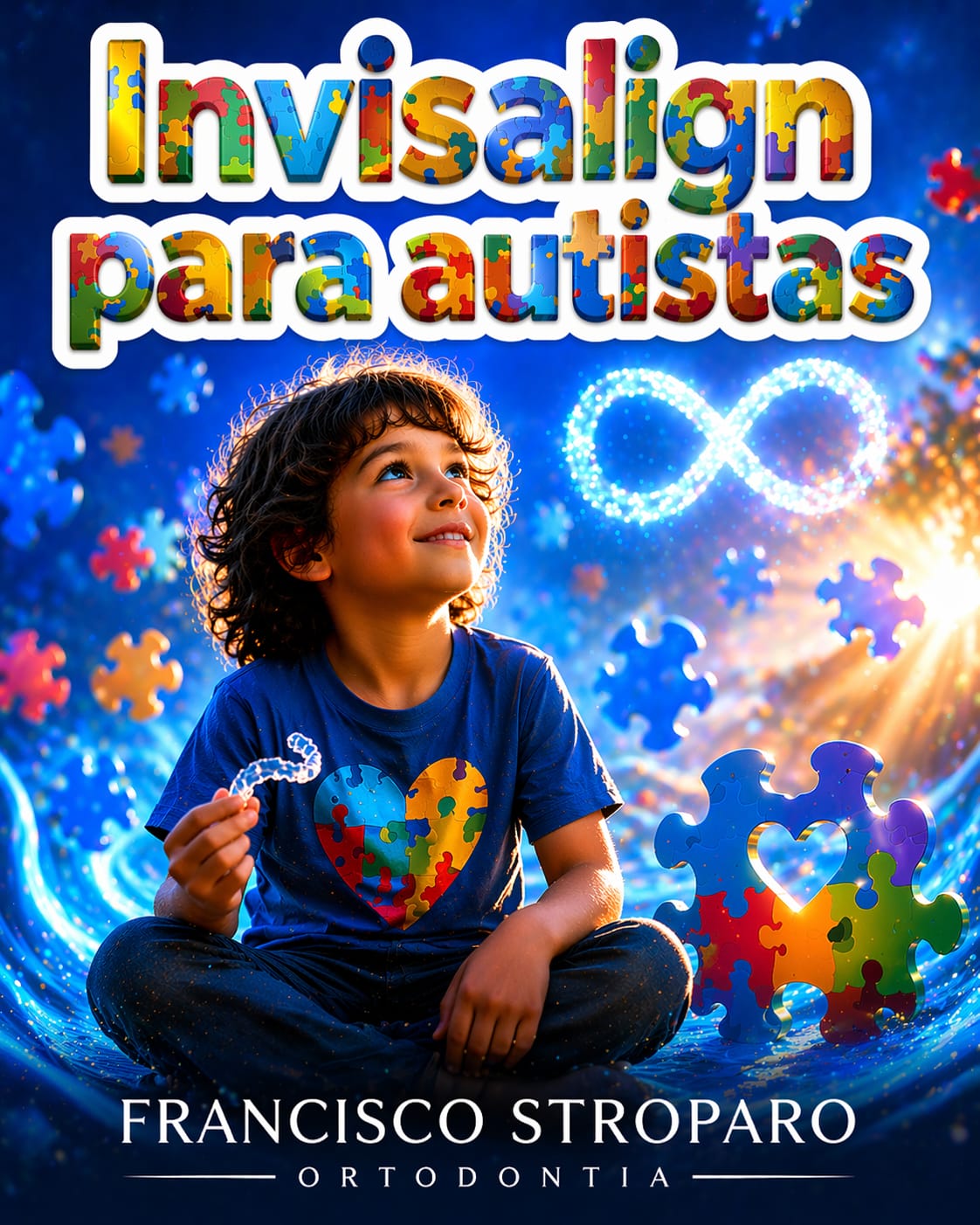 Invisalign para autistas com criança sorrindo segurando alinhador transparente em fundo azul