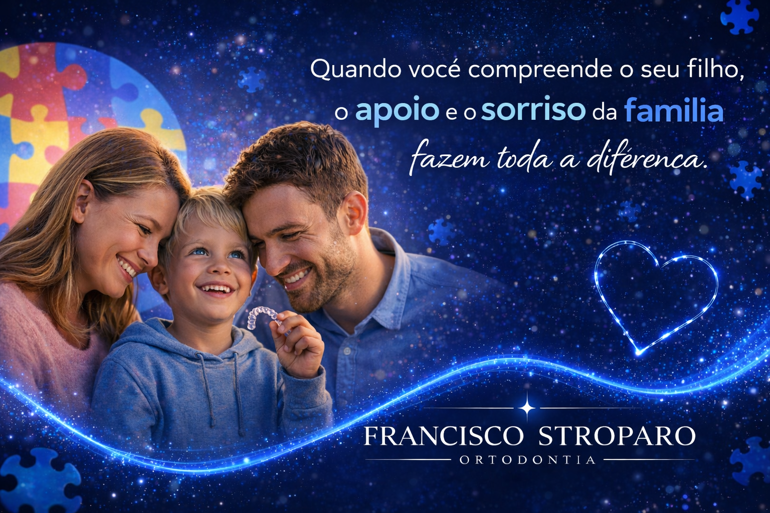 Família com criança autista sorrindo segurando alinhador Invisalign, ambiente azul com símbolo do autismo e mensagem sobre apoio familiar