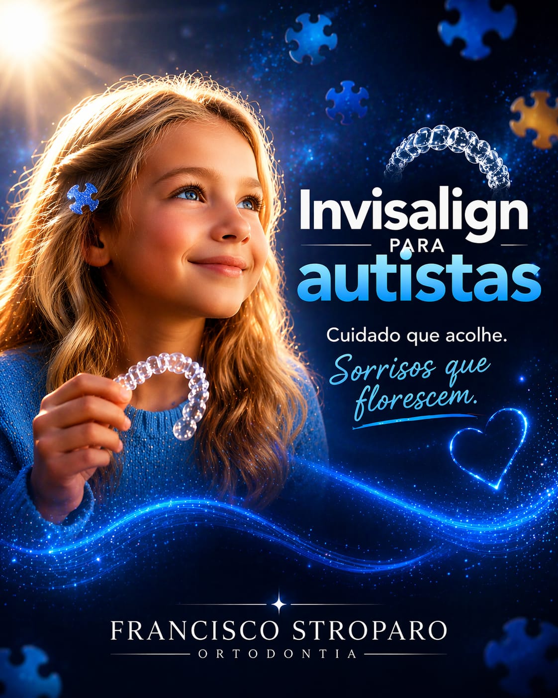 Menina sorrindo segurando alinhador transparente em imagem sobre Invisalign para autistas, com abordagem acolhedora em ortodontia.