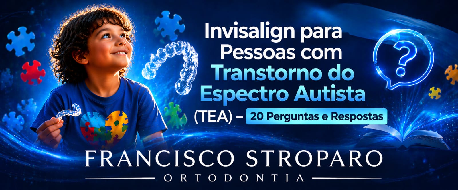 Criança sorrindo com alinhador transparente em imagem sobre Invisalign para pessoas com transtorno do espectro autista (TEA