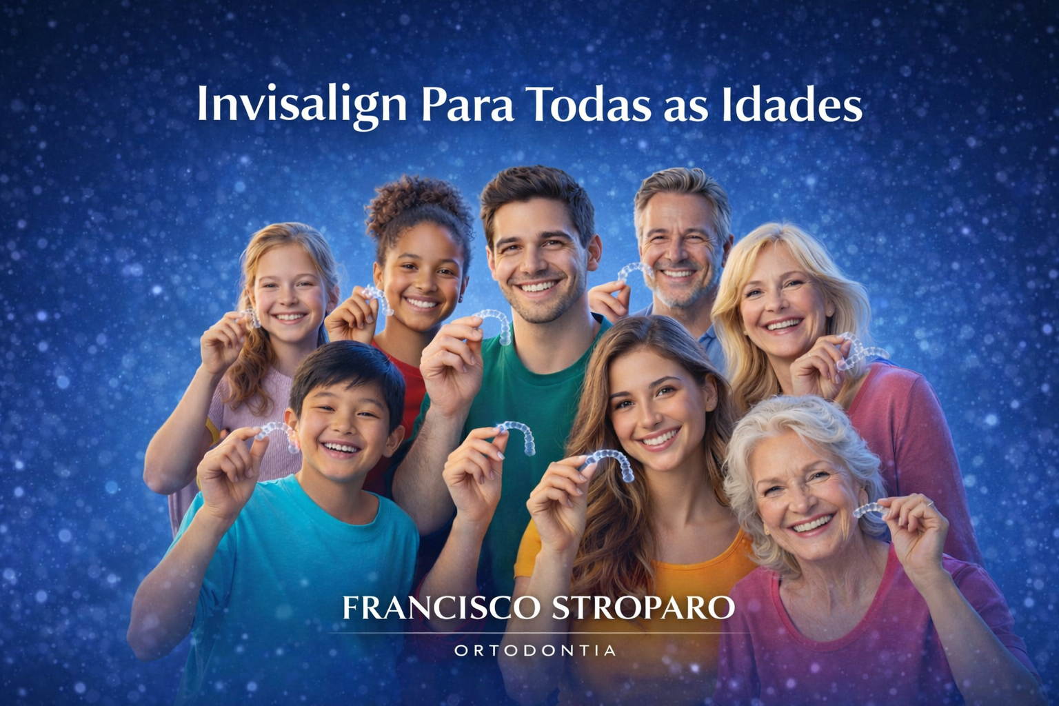 Grupo de pacientes de diferentes idades sorrindo e segurando alinhadores invisíveis Invisalign, representando tratamento ortodôntico para crianças, adolescentes, adultos e idosos em Curitiba.