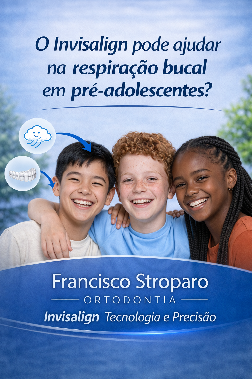 3 pre´-adolescentes abraçados e sorrindo 