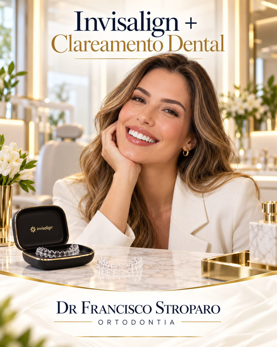 Invisalign clareamento dental sorriso final elegante, fundo claro e detalhes dourados