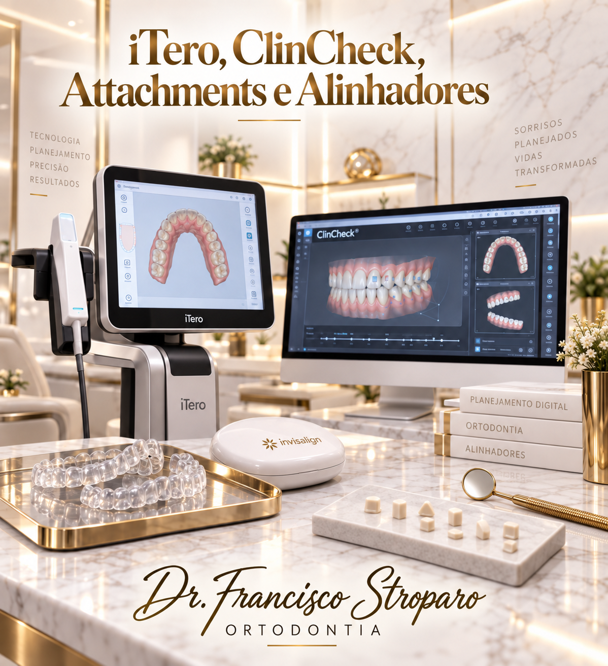 iTero, ClinCheck, attachments e alinhadores sobre mesa clínica elegante]