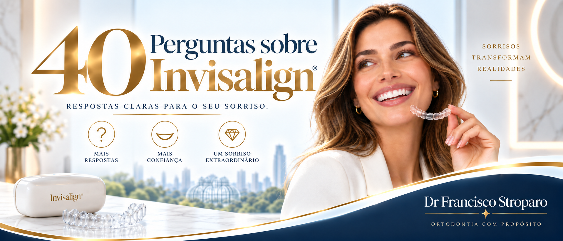 imagem com o tituli 40 perguntas sobre invisalign com uma modelo sorrindo