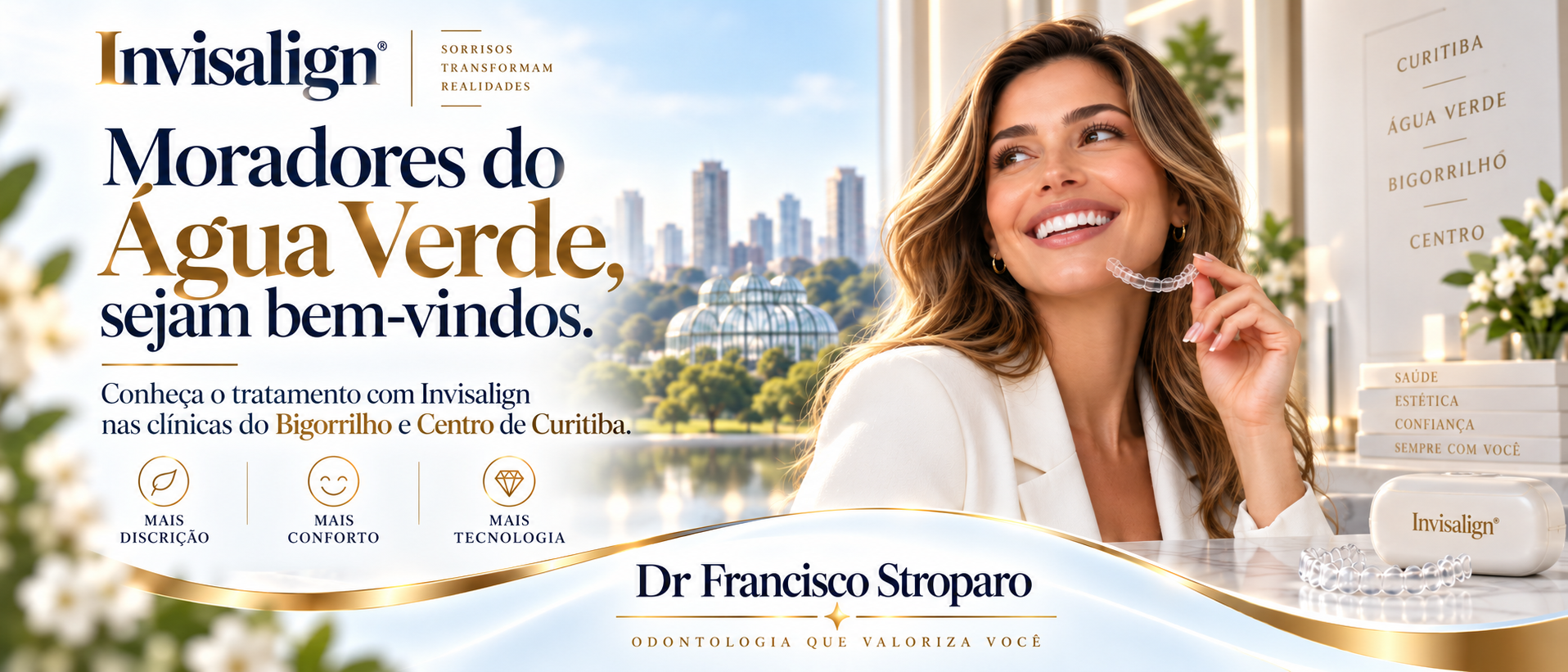 imagem dando as boas-vindas aos moradores do bairro água verde com uma modelo sorriso e feliz