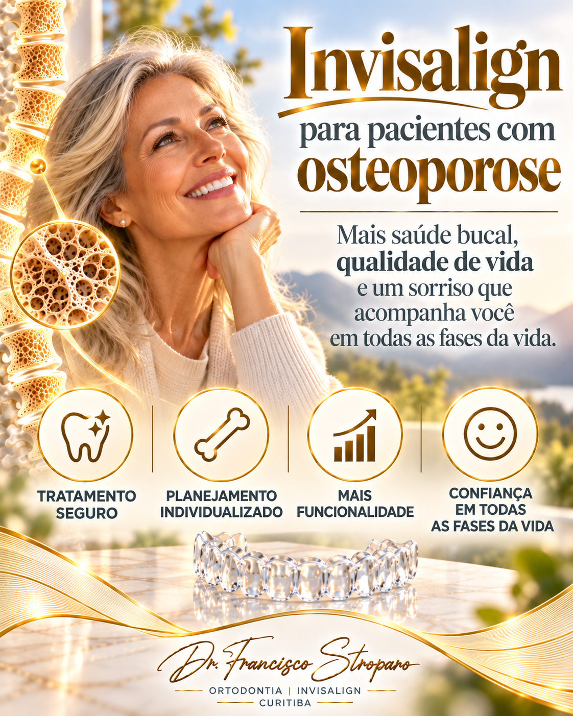 riar imagem com o titulo invisalign para pacientes com osteoporose uma visão emotiva e com muito incentivo